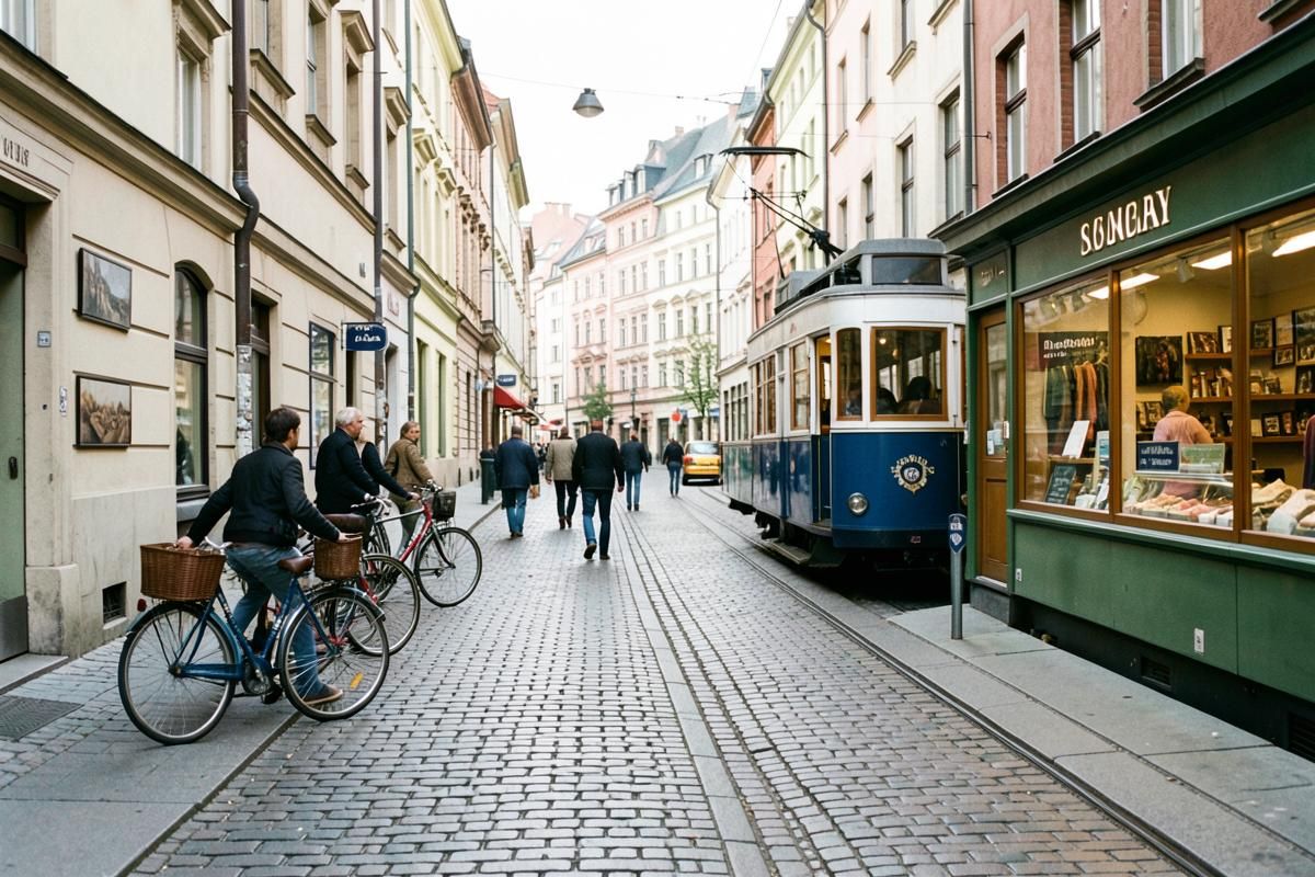 German city street with bicycles and a tram