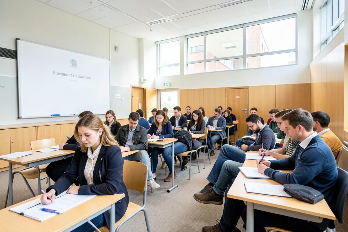 Students in a bright German lecture room
